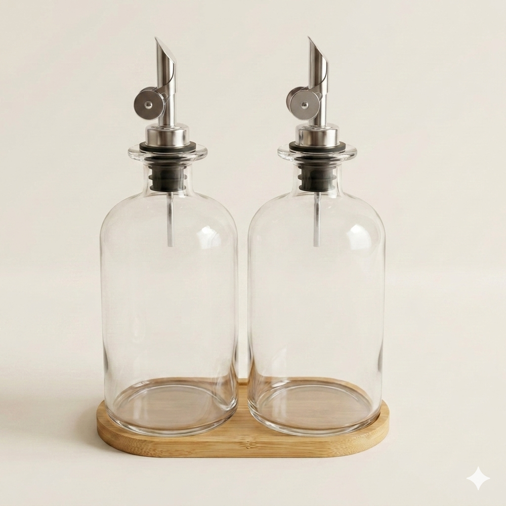 Set van 2 olieflessen met zilveren schenktuit & labels - 500 ml