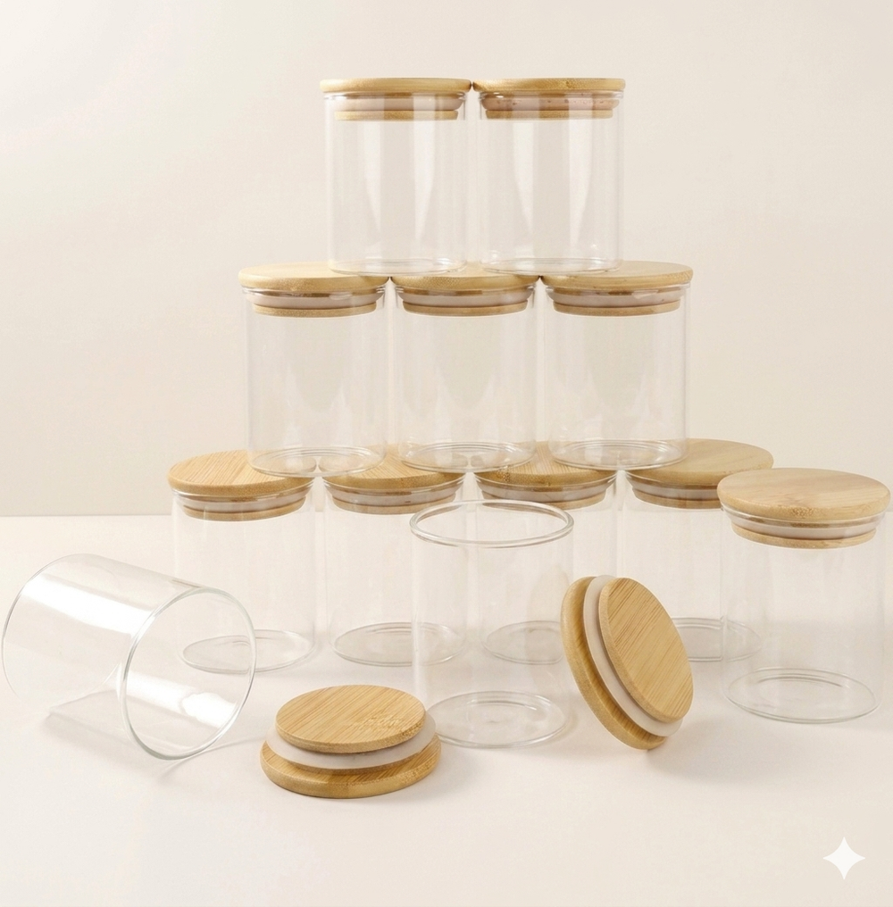 Set van 12 glazen kruidenpotten – 200 ml | Ronde vorm met bamboe