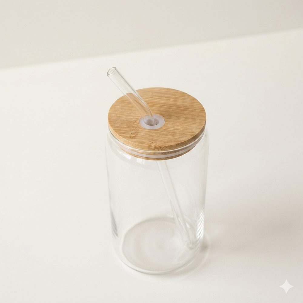Glazen beker met houten deksel en glazen rietje