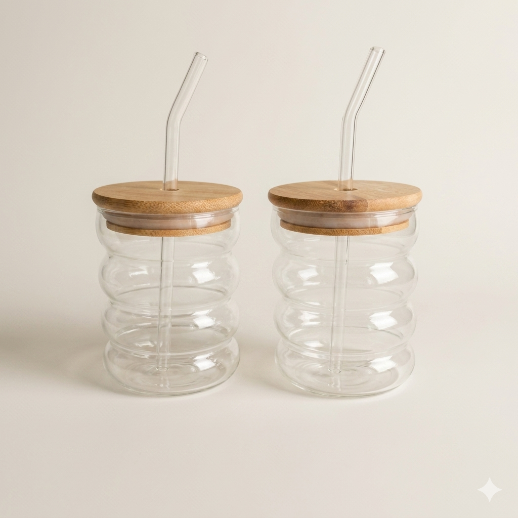 Set van 2 golvende drinkglazen – met deksel en glazen rietje