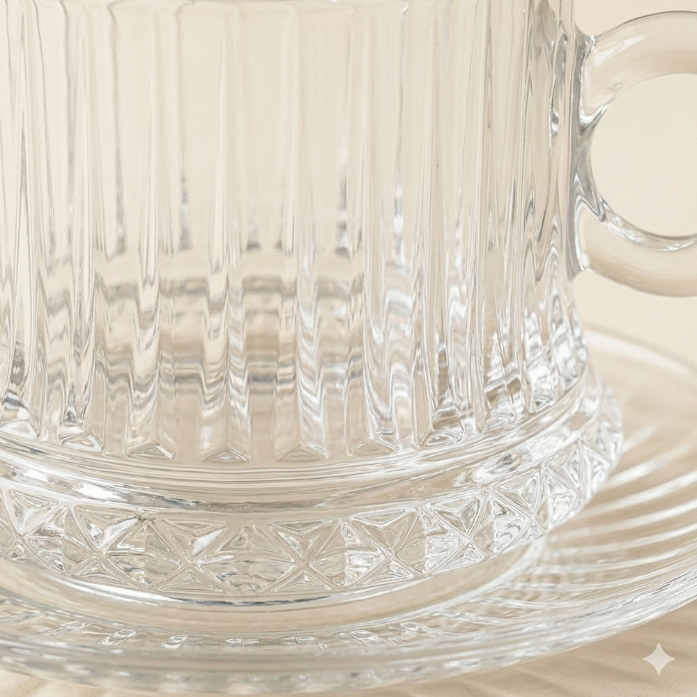 Set van 6 glazen koffiekopjes met schotel – 235 ml | Geslepen design