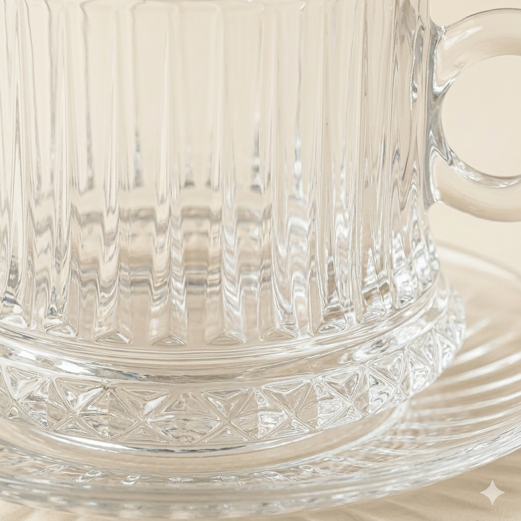 Set van 6 glazen koffiekopjes met schotel – 235 ml | Geslepen design