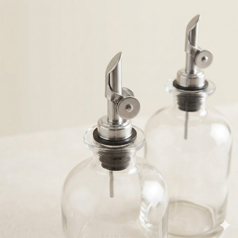 Set van 2 olieflessen met zilveren schenktuit & labels - 500 ml