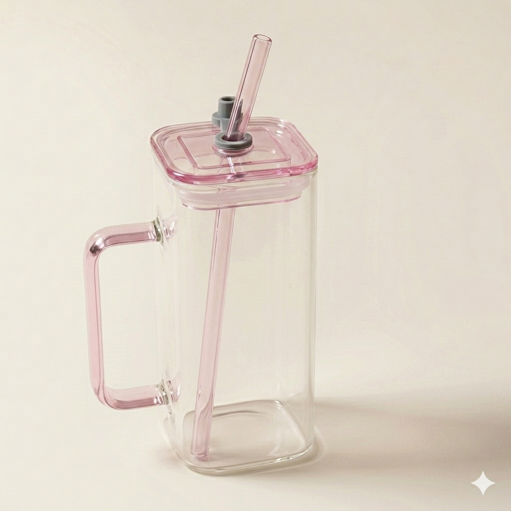 Vierkante glazen beker met handvat, roze deksel en rietje
