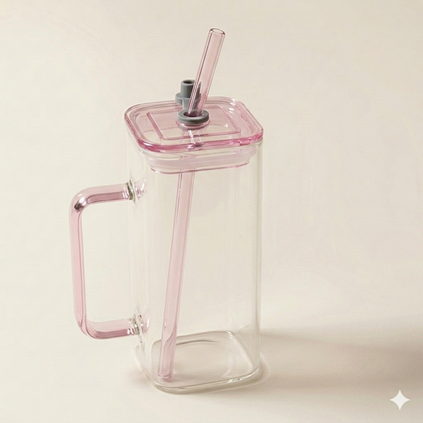 Vierkante glazen beker met handvat, roze deksel en rietje