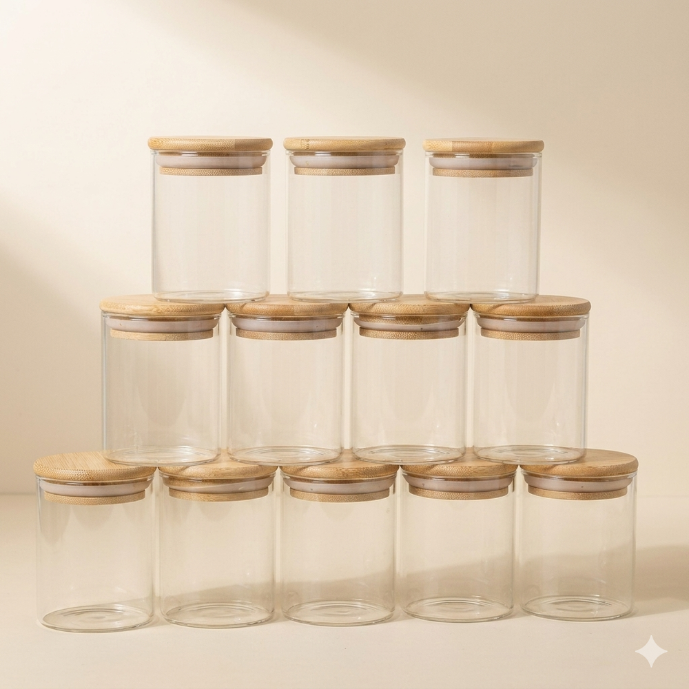 Set van 12 glazen kruidenpotten – 200 ml | Ronde vorm met bamboe