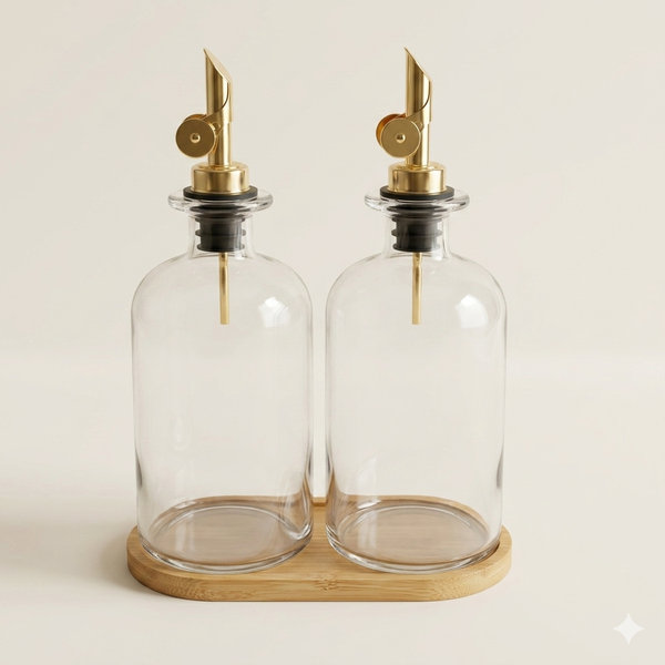 Set van 2 olieflessen met gouden schenktuit & labels - 500 ml