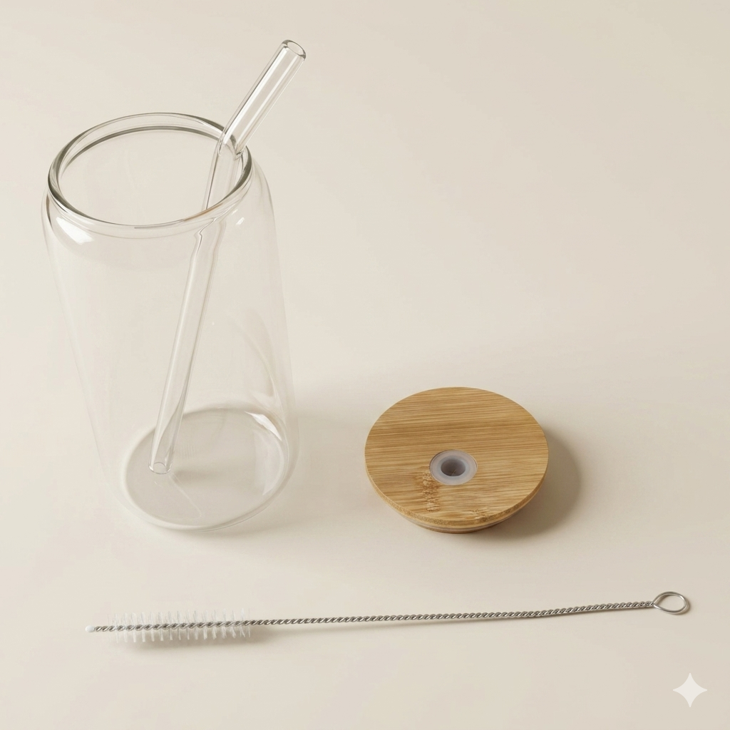 Glazen beker met houten deksel en glazen rietje