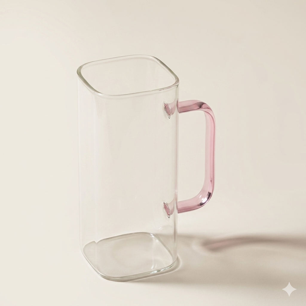 Vierkante glazen beker met handvat, roze deksel en rietje