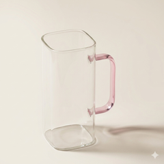 Vierkante glazen beker met handvat, roze deksel en rietje