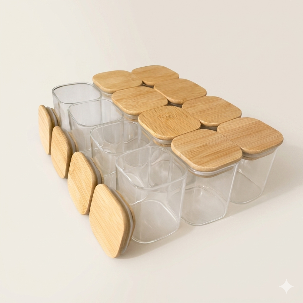 Set van 12 vierkante kruidenpot | bamboe