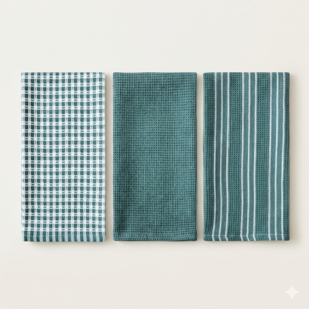 Set van 3 diep zeegroene keukendoeken – 100% katoen