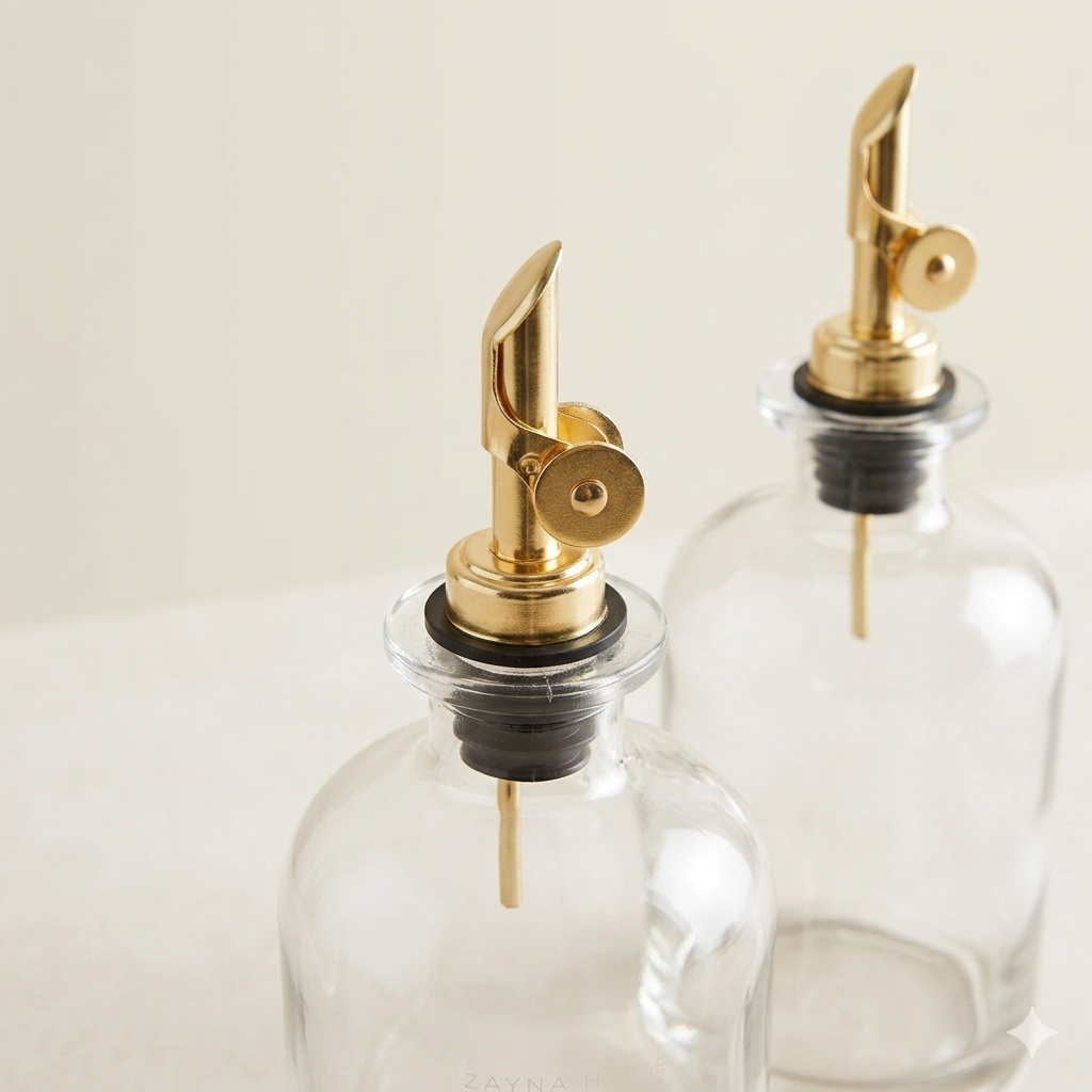 Set van 2 olieflessen met gouden schenktuit & labels - 500 ml