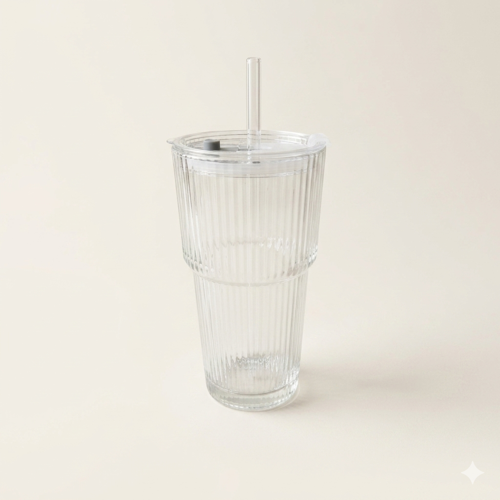 Glazen beker met deksel en rietje