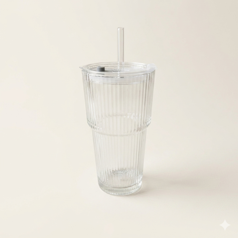 Glazen beker met rietje 600 ml