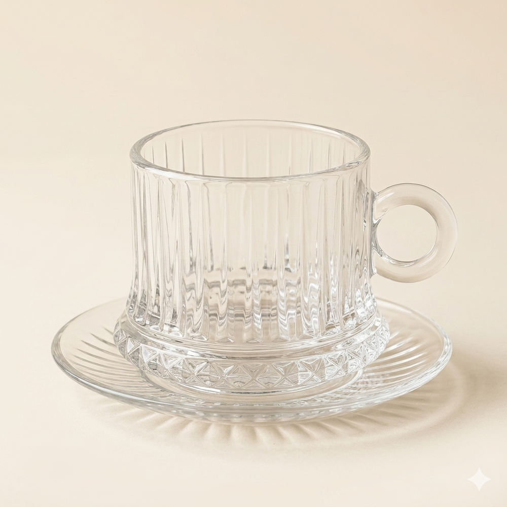 Set van 6 glazen koffiekopjes met schotel – 235 ml | Geslepen design