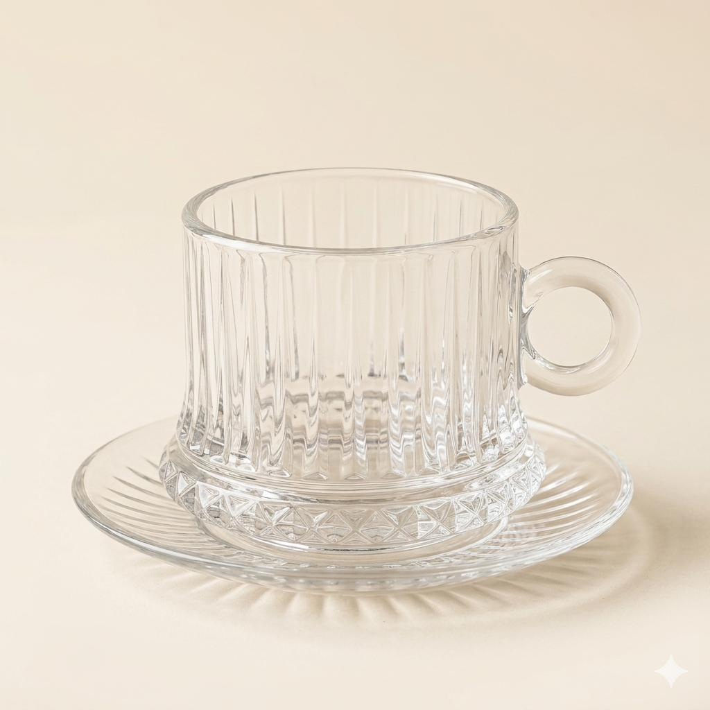 Set van 6 glazen koffiekopjes met schotel – 235 ml | Geslepen design