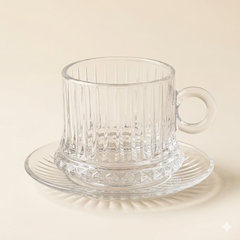 Set van 6 glazen koffiekopjes met schotel – 235 ml | Geslepen design