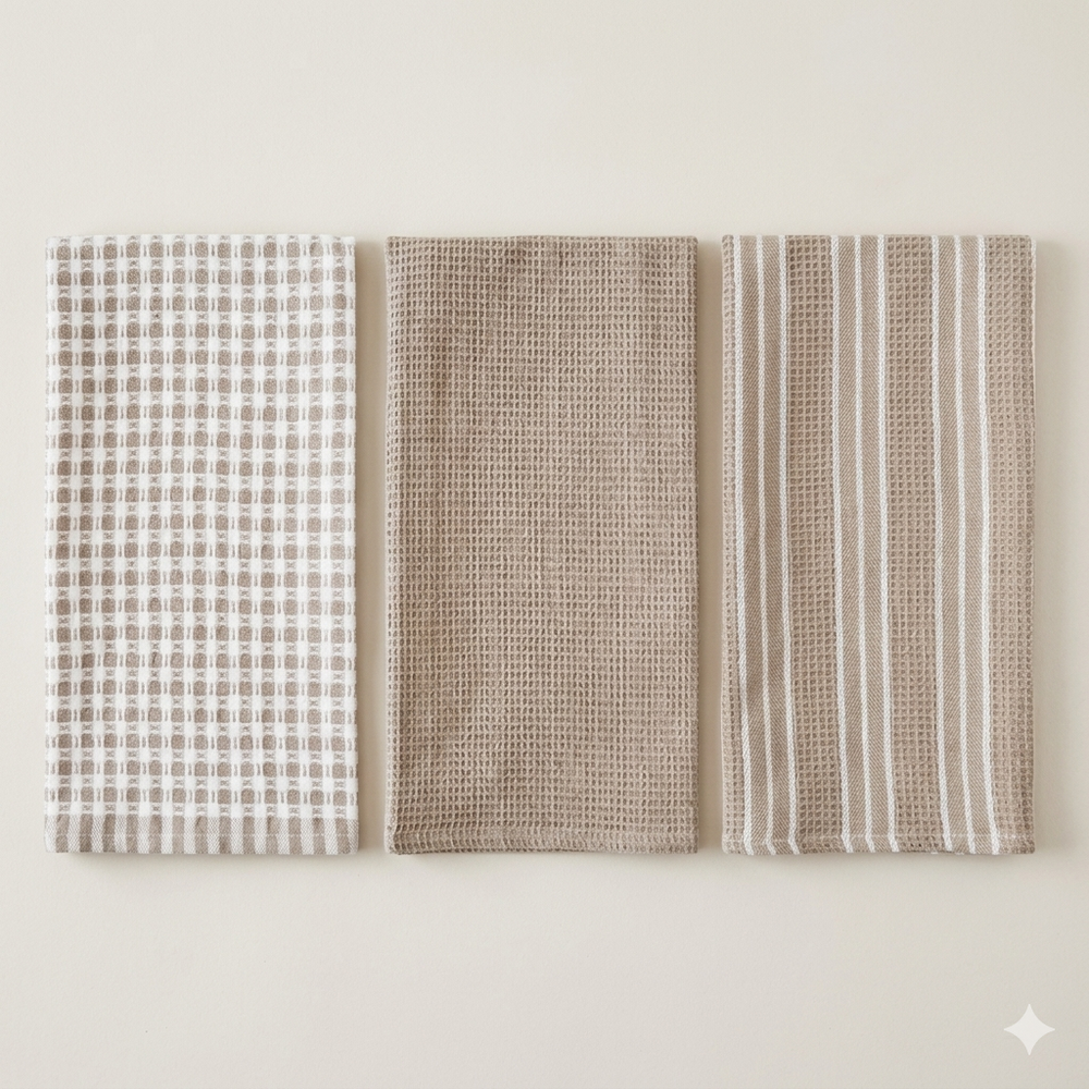 Set van 3 beige keukendoeken – 100% katoen